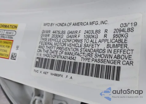 2019 Honda Accord Touring из США, поврежденный, VIN 1HGCV2F97KA014542